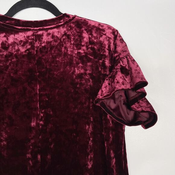 Altar'd State XSmall XS Burgundy Red Crushed Velvet Ruffle Short Sleeve Top Crew - Picture 5 of 8